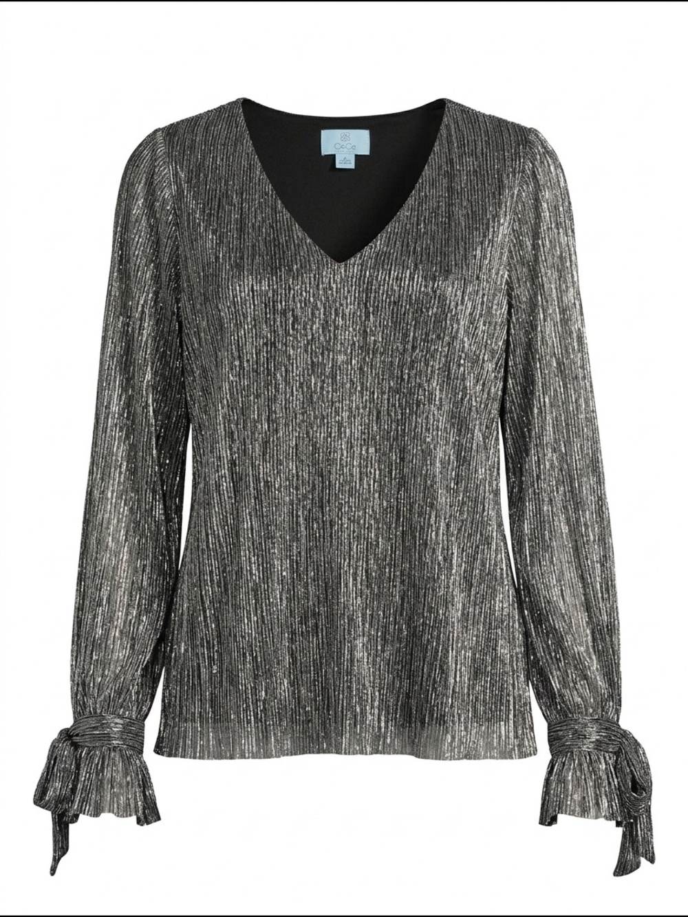 CeCe Silver Metallic V-Neck Tie-Cuff Blouse